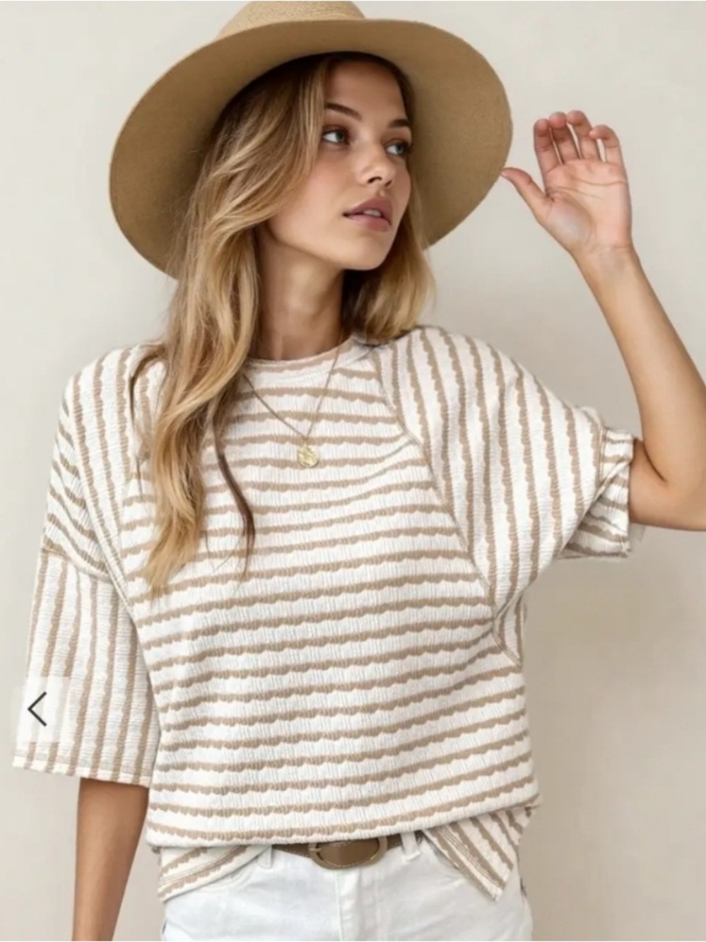 Indie + co Textured Striped Boxy Tee in Cream and Tan